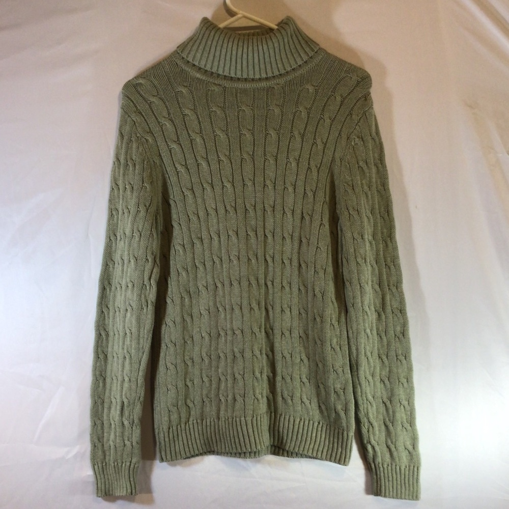 Jeanne Pierre Women M Sage Green Cable Knit Turtleneck Sweater Preppy Classic